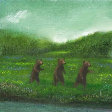a painting of three bears frolicking in a field of flowers next to a river