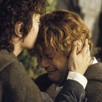 screenshot from lord of the rings of frodo kissing the forehead of sam
